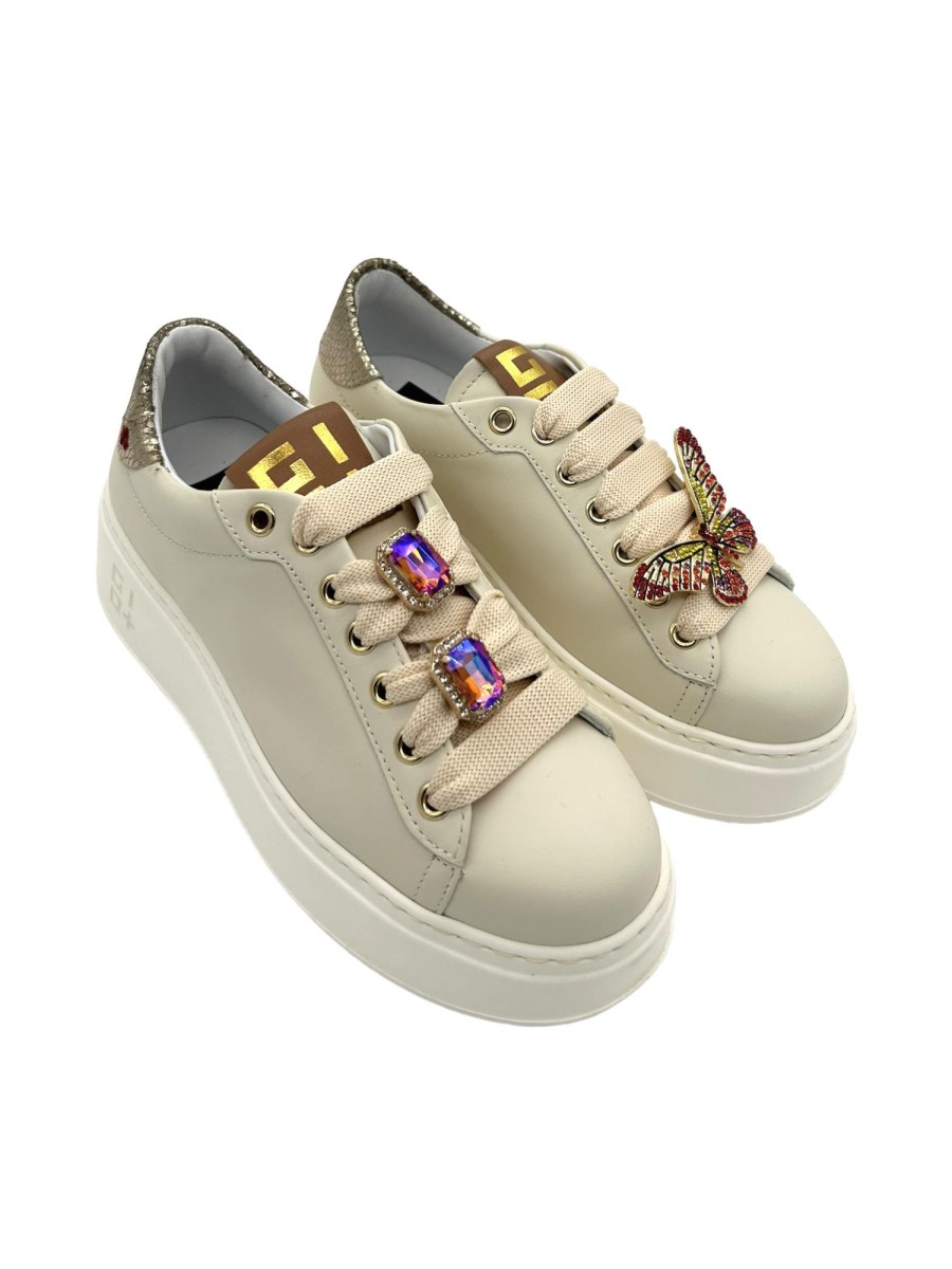 Calzature Gio+ | Sneaker Pelle Donna Gio+ Combi Farfalla - Pia 140A- Milk