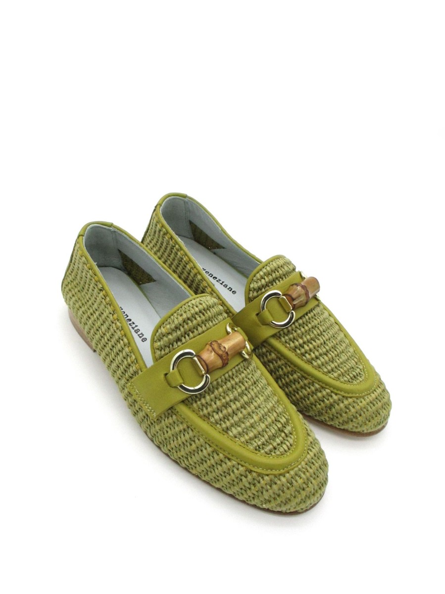 Calzature Poesie Veneziane | Mocassino Pelle Donna Poesie Veneziane Midollino Naturale Verde