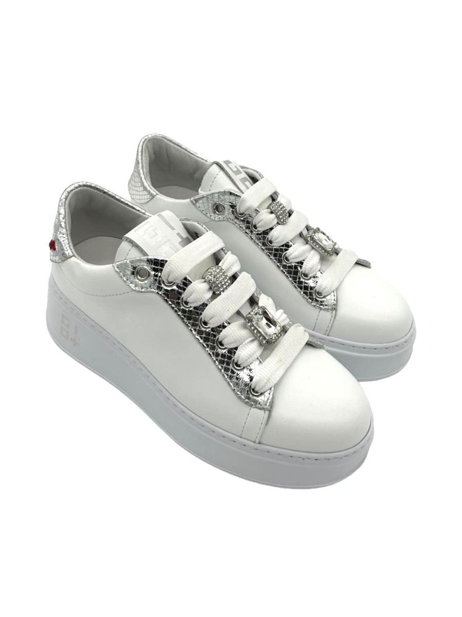 Calzature Gio+ | Sneakers Pelle Donna Gio+ Combi Bianco Viperina Argento - Pia 178A- White