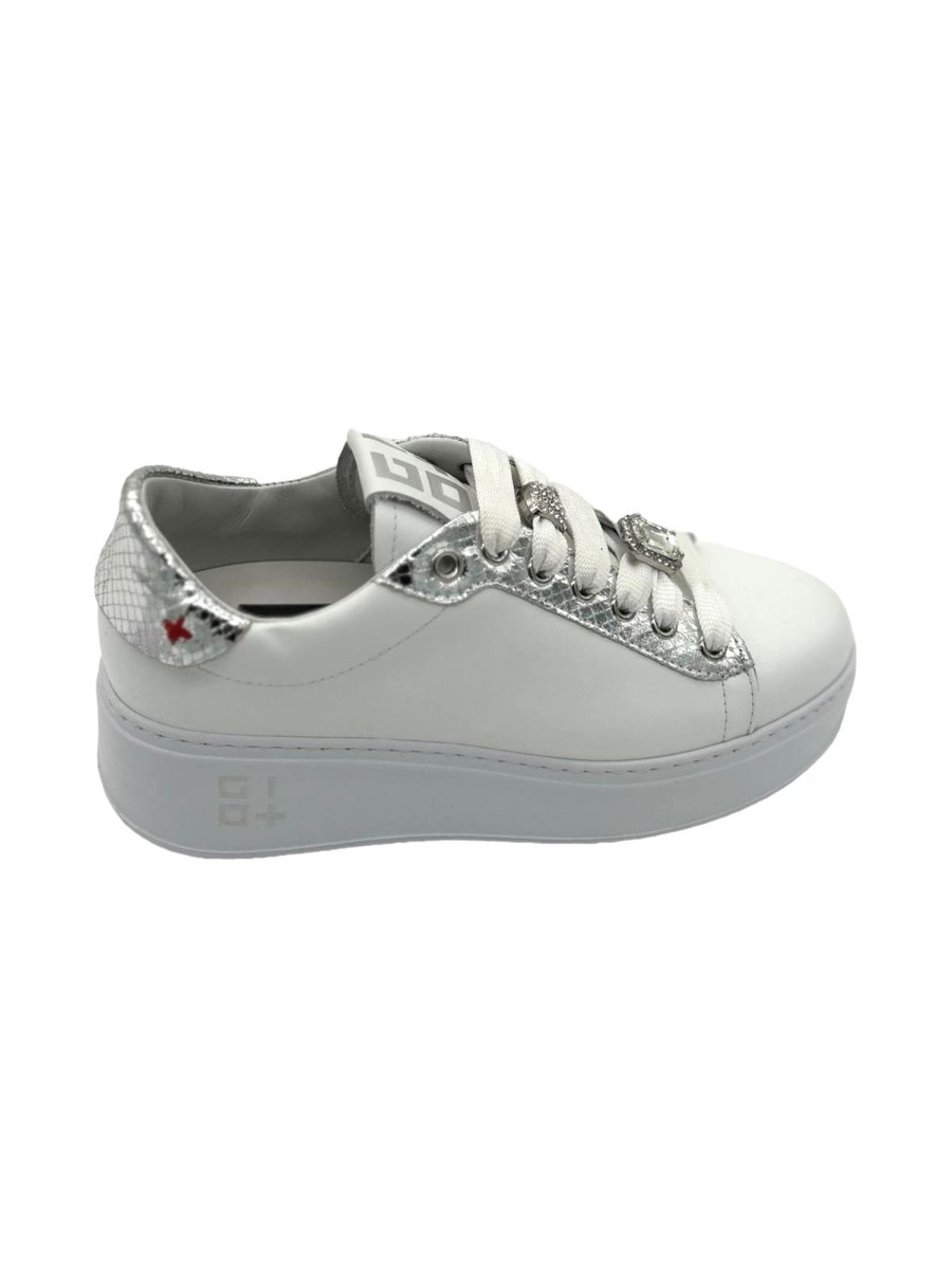 Calzature Gio+ | Sneakers Pelle Donna Gio+ Combi Bianco Viperina Argento - Pia 178A- White